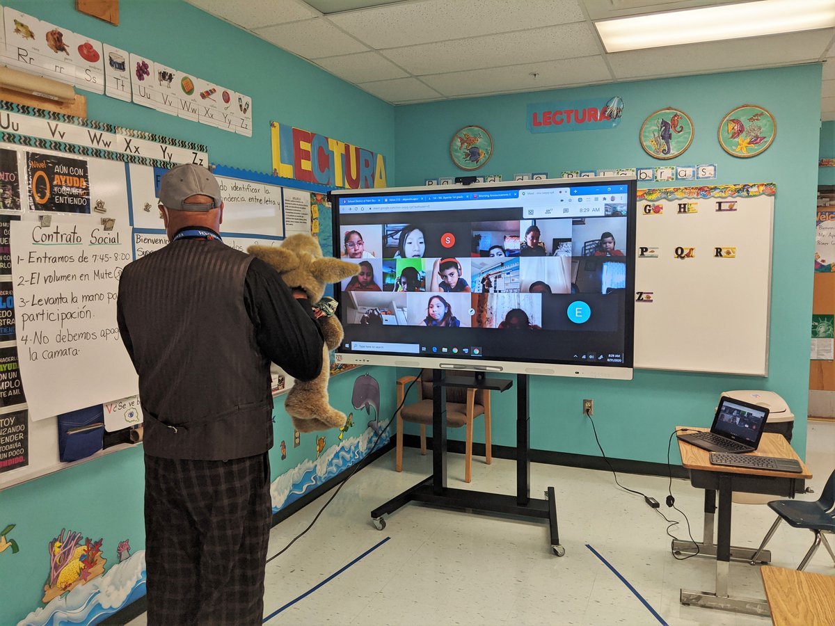 pbcsd's tweet photo. .@SuptFennoy visited with @_LoCook at @FHH_FalconFury, Mr. Aponte at @HighlandElemPBC, virtually with @MrsClark__ at Verde, among other outstanding teachers for the first day of this unique school year. We will continue working together toward  #GoingTheDistancePBCSD. https://t.co/CHyFQ7AKtb