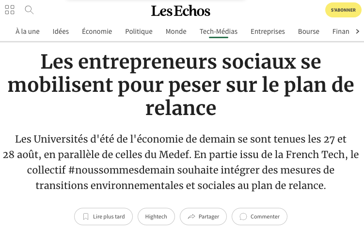 "Le monde d'après (...) juste et durable. Durant le confinement, beaucoup en ont rêvé, et au moment où le pays organise son plan de relance, le collectif #NousSommesDemain souhaite le concrétiser."

Merci <a href="/LesEchos/">Les Echos</a> pour ce retour sur les #UEED2020 :

lesechos.fr/tech-medias/hi…
