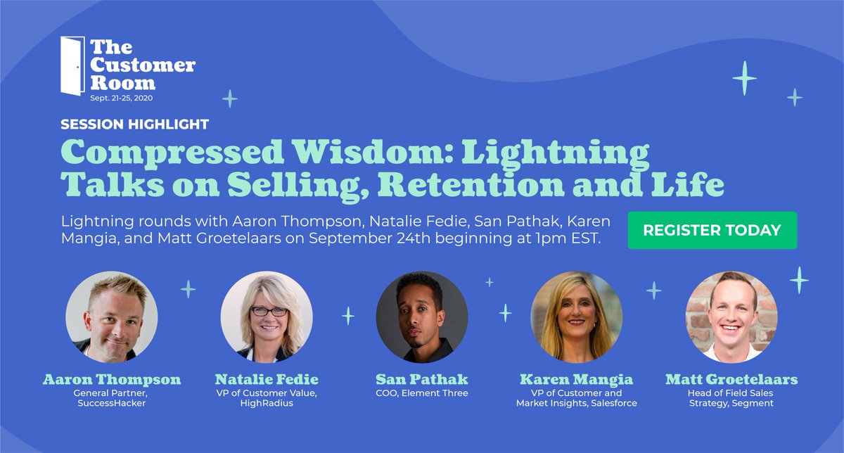 7 minute sessions that pack a punch! 🥊

On September 24th, The Customer Room is switching things up with lightning rounds featuring <a href="/AaronThompsonCS/">Aaron Thompson</a>, <a href="/nfedie/">Natalie Fedie</a>, San Pathak, @karenmangia, and <a href="/groetelaars/">Matt Groetelaars</a>! 

Register here: customerroomevent.com
