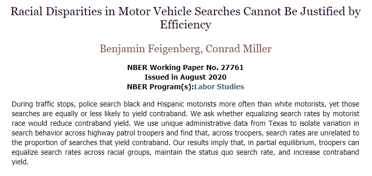 Police are more likely to search Black and Hispanic motorists for contraband during traffic stops, yet equalizing search rates across racial groups would increase contraband yield, from Benjamin Feigenberg and Conrad Miller
nber.org/papers/w27761