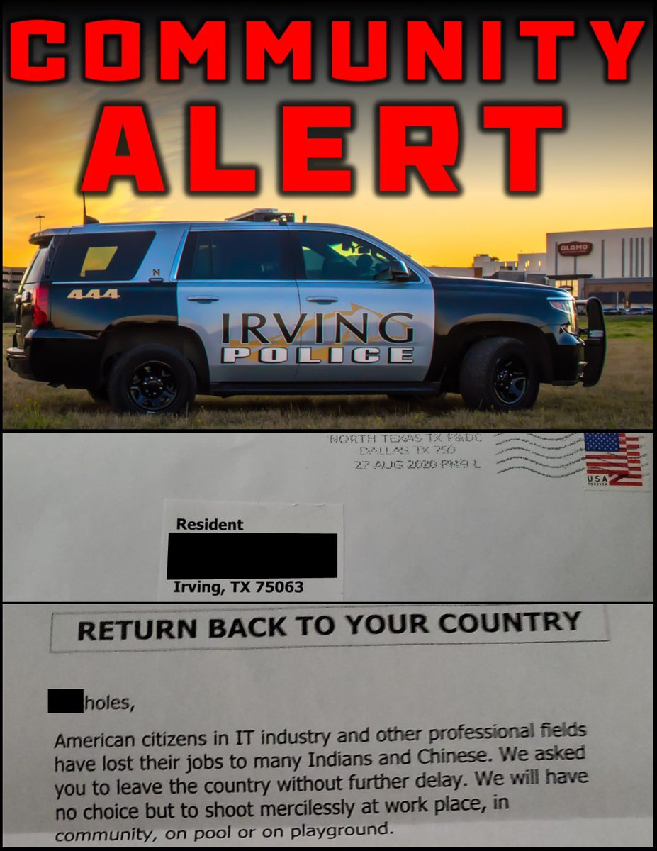 IrvingPD's tweet image. We have been made aware of a letter received by a member of the community. Right now this is an isolated incident. If you have received a letter let us know. We take harassment and hate crime extremely serious. An investigator has been assigned to this case. 1/2