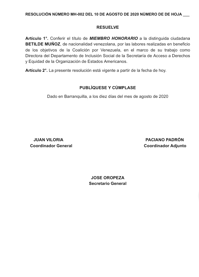 coalicionve's tweet photo. Resolución de la Coordinación General de @coalicionve por la cual se designa a @BeticaMunozPogo Miembro Honorario de esta Federación.

Un reconocimiento al liderazgo y gestión por la inclusión social en la respuesta a la crisis de migrantes y refugiados venezolanos en la región. https://t.co/8SNySFcYR0