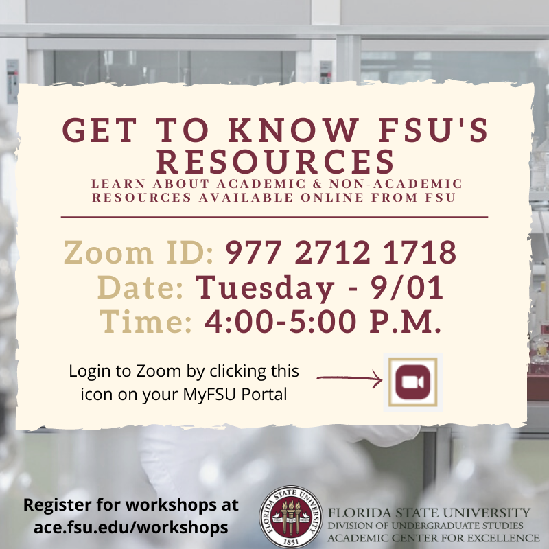 FSU_ACE's tweet photo. Are you a new student at FSU? Whether you are new or returning, you should attend our workshop TOMORROW at 4pm via Zoom to learn about FSU's academic and non-academic resources that are available online! #ACEWorkshops https://t.co/r8lstqIArG