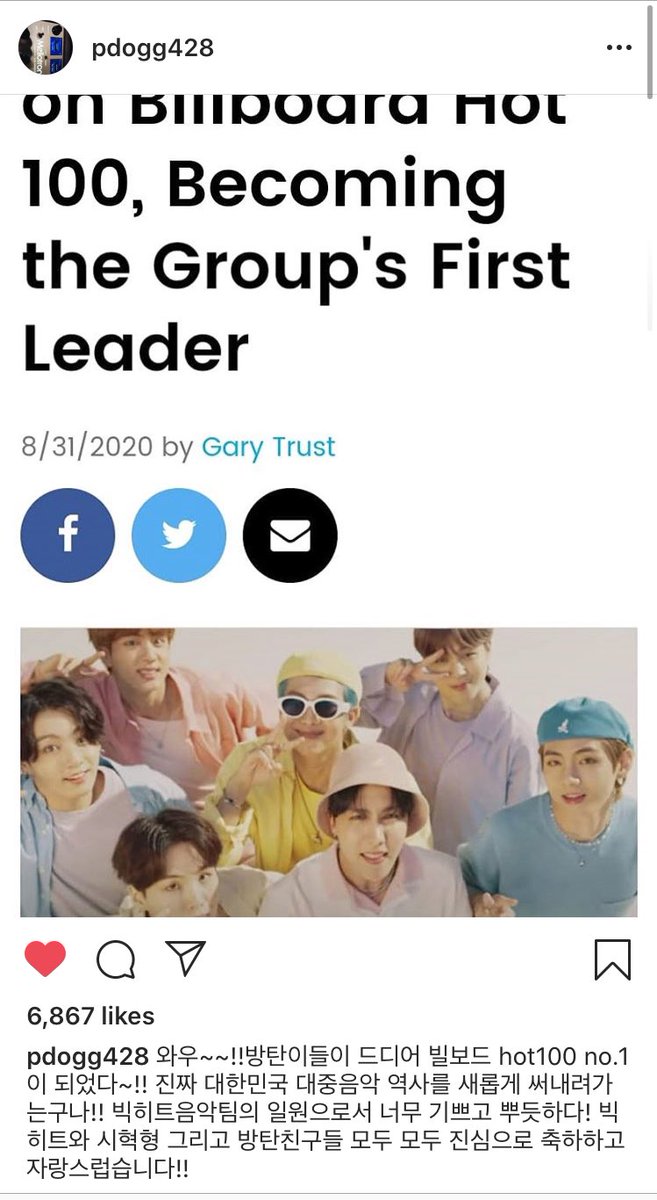 Pdogg: “Wow~~!! Bangtannies finally became No.1 on Hot 100~! They really writes the history of Korean pop music!! As a part of Big Hit’s music team, I’m so happy and proud! Big Hit, Sihyuk-hyung, and Bangtan friends, congrats to all and I’m proud of you!!” https://www.instagram.com/p/CEkDunXpoY3/?igshid=1l7gm778jpeog