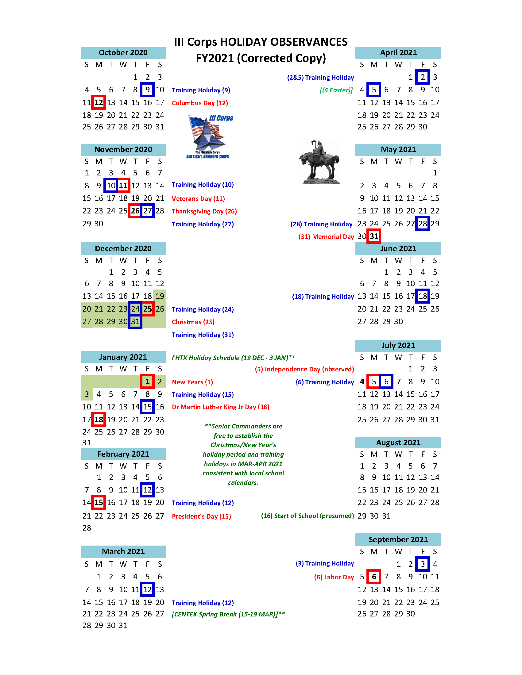 Fort Hood Holiday Schedule 2022 Iii Armored Corps On Twitter: "Fiscal Year 21? Try Fiscal Year 20-Fun!  Here's Your #Fy2021 Calendar For #Forthood Showing All Federal And Training  Holidays For The Coming Year. #Usarmy #Vacation #Treatyourself  Https://T.co/Dwpkxrlwyb" /