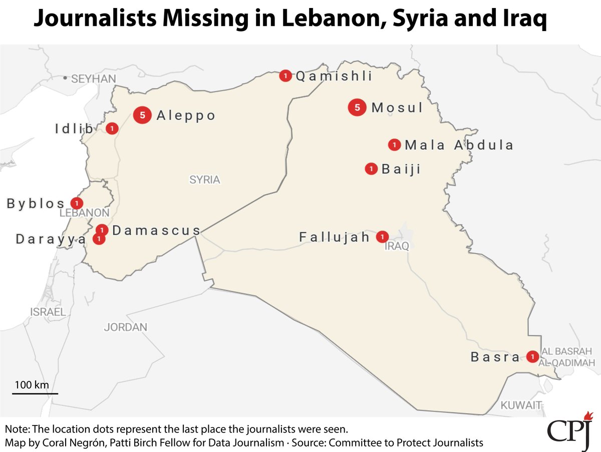 At least 20 journalists are currently missing from countries in the Middle East and North Africa.All but one of these journalists have disappeared from  #Iraq,  #Syria &  #Lebanon. Each is  #MissingNotForgotten.Learn their stories in the thread below  https://cpj.org/campaigns/missingnotforgotten/