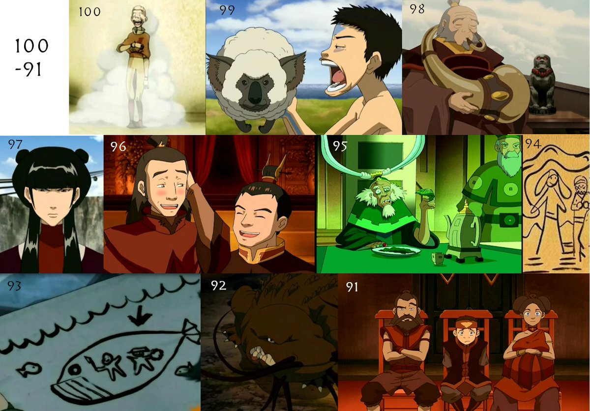 100. Jinju99. Aang's Vegetarianism98. The Tsungi Horn97. Mai96. Roku And Sozin...Birthday Buddies!!!95. Bumi Puns94. Katara's Hair Loopies93. Sokka Just Invents Submarines92. "Cat Gators"(The Swampbender Song)91. Wang Fire & Sapphire Fire