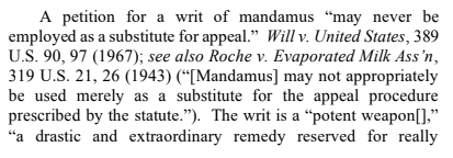 For all the MAGAts and QAnon folks who may happen upon this thread, no, DC Circuit didn't take this action because of the deep state. It did so because pursuing mandamus was stupid.