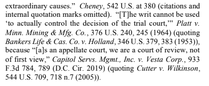 For all the MAGAts and QAnon folks who may happen upon this thread, no, DC Circuit didn't take this action because of the deep state. It did so because pursuing mandamus was stupid.