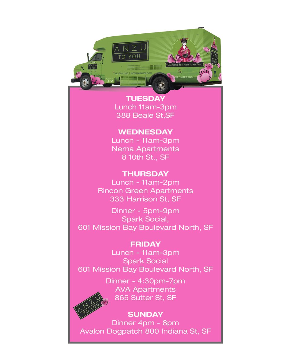 Check out my locations this week! #sfeats #eatersf #Foodtruck #sanfran #anzutoyou #bayareafood <a href="/7x7/">7x7</a> <a href="/eatersf/">Eater SF</a> <a href="/onlyinsf/">Only in SF @ 🌁</a>