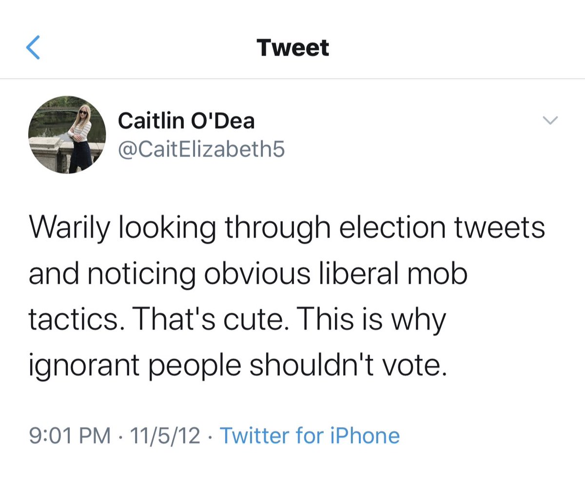 No wonder Kelly Loeffler hired Caitlin O’Dea. Caitlin doesn’t think her “ignorant” political opponents should be allowed to vote.