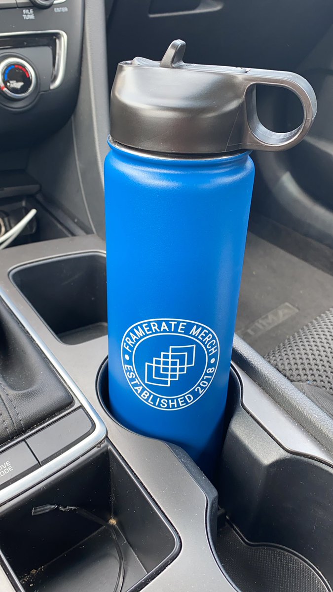 The navy blue water bottle looks really good in the cup holder of my new car. Take it with me everywhere. Courtesy of  @FrameRateMerch
