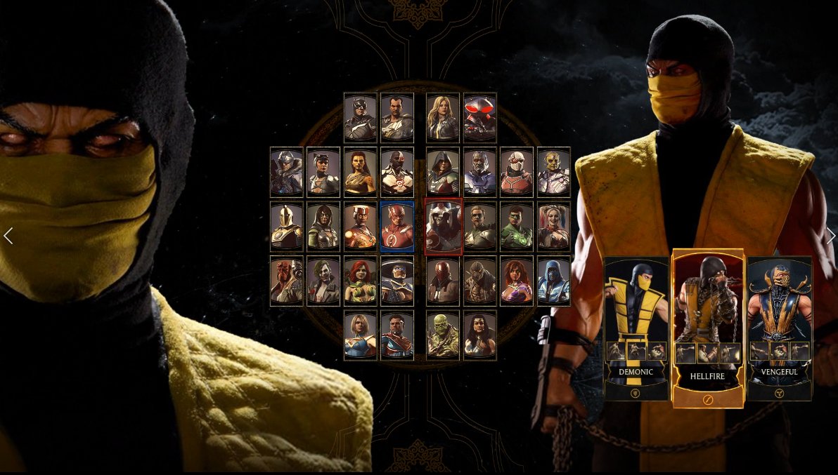 The original idea was that when you select the character, it would zoom into their face, and then they would imagine what the fight would be like as we see the silhouettes fighting between them. (Injustice 2 UI was used as placeholders here)