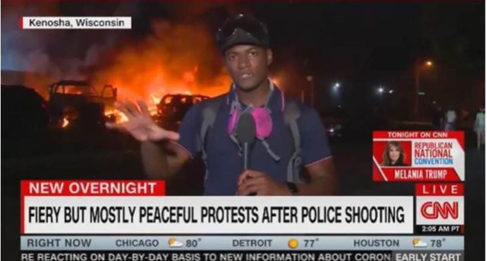 CNN outrageously claimed the riots in Kenosha were “fiery but mostly peaceful” as it showed a burning city in the background