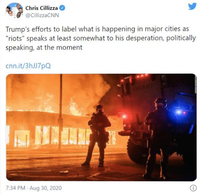 CNN’s Chris Cilliza denied the violence we are seeing are “riots” – while tweeting a picture of an American city burning in the background