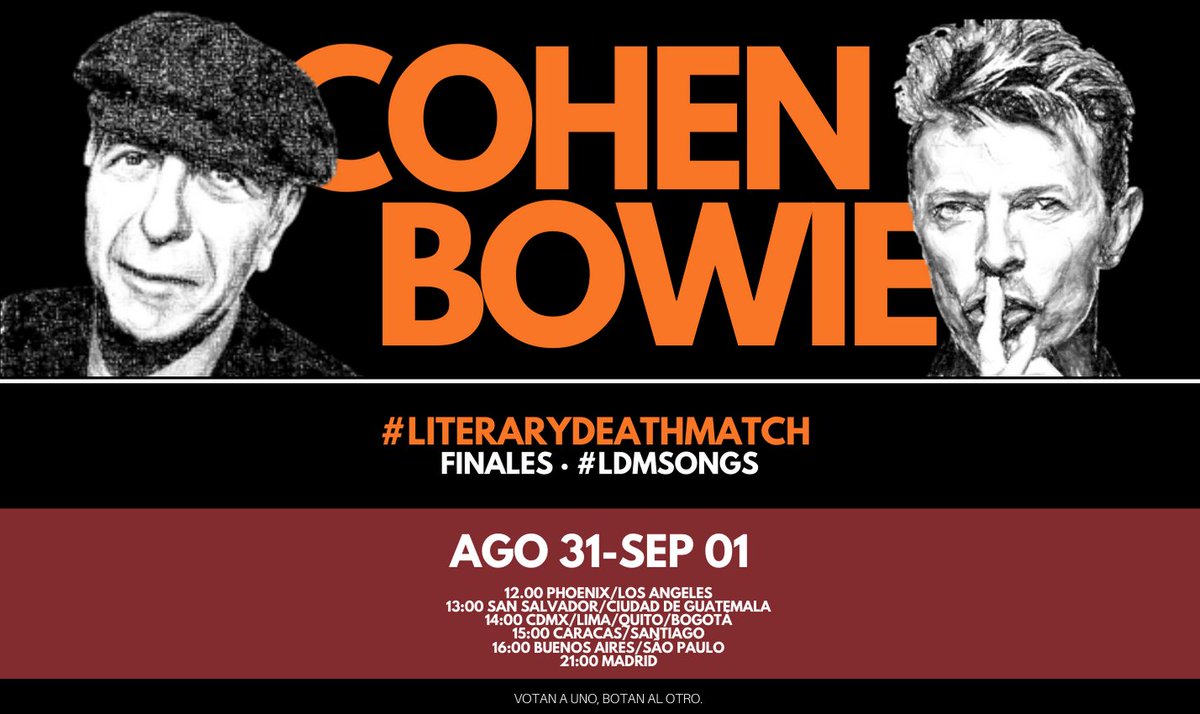 DiegoFonsecaDF's tweet photo. Última jornada de #LDMFinales en #LiteraryDeathMatch.
Eso se acaba, y a lo grande:
Shakespeare y Goethe definen #LDMDrama.
Bowie y Cohen se encuentran para determinar quién se queda con #LDMSongs.
Tienen sólo 24 horas para acabar con esto. (Y es hora.) https://t.co/1O3eg7jdKL