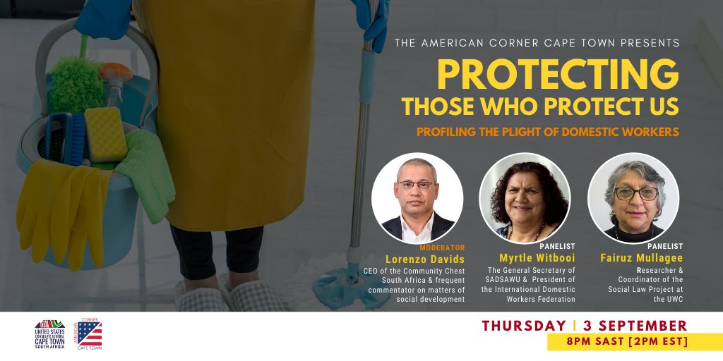 Ronell (로넬) Swartbooi 👾 (@khoigeek) on Twitter photo Protecting Those who Protect Us - Profiling the Plight of Domestic Workers!
Thurs, 3 Sept <a href="/USConsulateCT/">US ConsulateCapeTown</a> will be hosting the General Sec @SADSAWU, researcher & coordinator of the Social Law Project <a href="/UWConline/">UWC</a> & CEO of <a href="/CommChestWC/">CommChestWC</a>.
Book here bit.ly/ACCT_FirstThur… Protecting Those who Protect Us - Profiling the Plight of Domestic Workers!
Thurs, 3 Sept <a href="/USConsulateCT/">US ConsulateCapeTown</a> will be hosting the General Sec @SADSAWU, researcher & coordinator of the Social Law Project <a href="/UWConline/">UWC</a> & CEO of <a href="/CommChestWC/">CommChestWC</a>.
Book here bit.ly/ACCT_FirstThur…