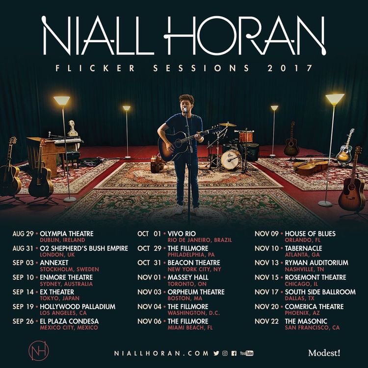 To promote the album, Niall made a tour entitled Flicker Sessions 2017. He announced the tour, on July 10, 2017, through social networks and his official website. The tour started on August 29, 2017 in Dubai, at the Olympian Theater.