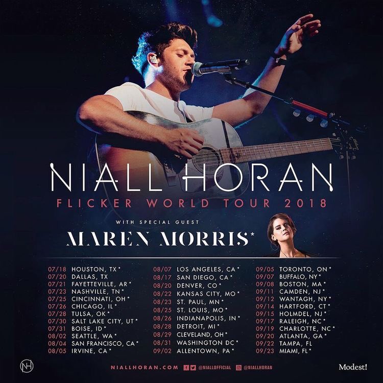 The Flicker World Tour represents his album Flicker (October 20, 2017). The tour began on 10 March 2018 in Killarney, County Kerry. He visited Oceania, Asia, Latin America, and North America where it concluded on 23 September 2018 in West Palm Beach, Florida.