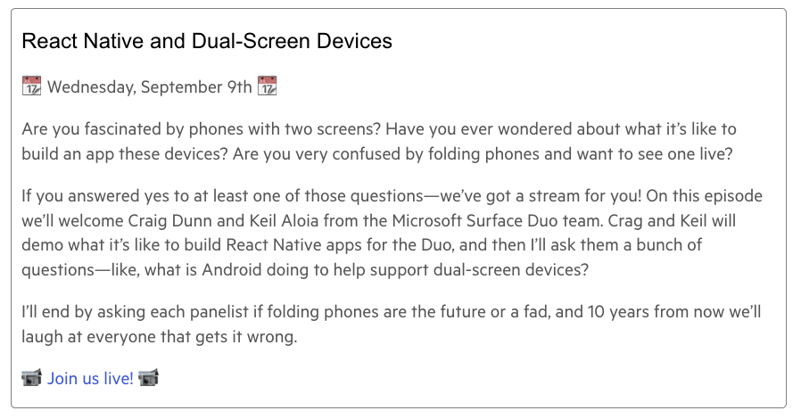 tjvantoll's tweet image. Next few weeks of React Wednesdays are looking 🔥

- Sep 2nd: Remote work w/@dandigneromain, @robocell &amp;amp; @dskaggs 
- Sep 9th: Dual-screen devices w/@conceptdev
- Sep 16th: Hermes w/@nparashuram
- Sep 23rd: Mental models w/@ObedParla 

telerik.com/react-wednesda…