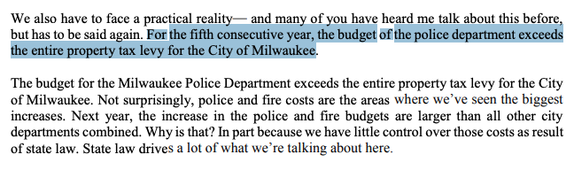 Milwaukee—which 39% Black—spent the most on policing: $297 million or about 47% of its general fund.Milwaukee's police budget is so high, that, according to the mayor, it has exceeded the amount collected by the city in property taxes for the last five years in a row. (3/10)