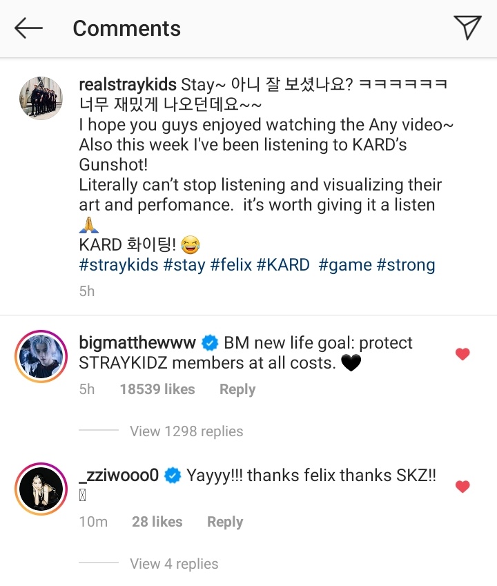 Felix posted instagram about Gunshot and BM and Jiwoo commented <3