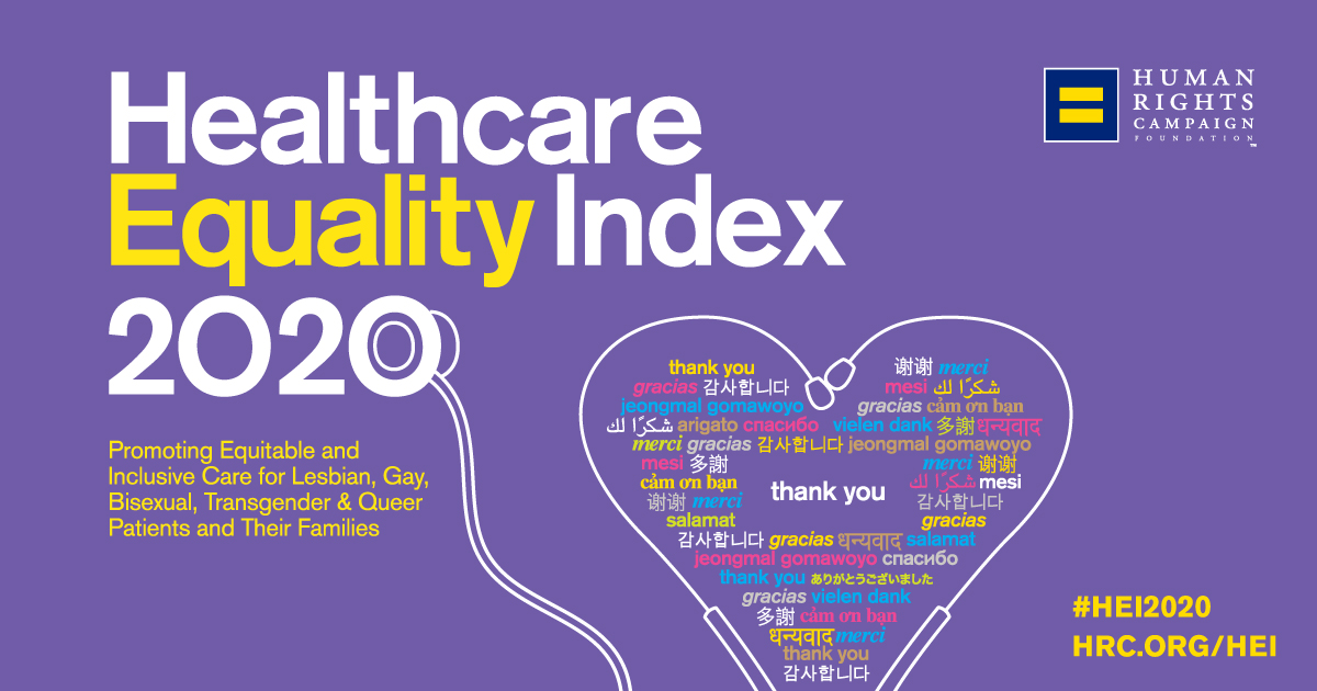 Cover of Healthcare Equality Index report. A stethoscope forms a heart with the words "thank you" in multiple languages in the middle.