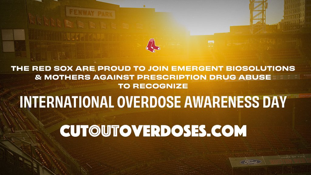 RedSox's tweet image. Today is International Overdose Awareness Day.

Every 15 minutes, a person dies from an accidental opioid overdose. 

At the Red Sox we are proud to partner with MAPDA and Emergent to help CUT OUT OVERDOSE: atmlb.com/34LL1mt