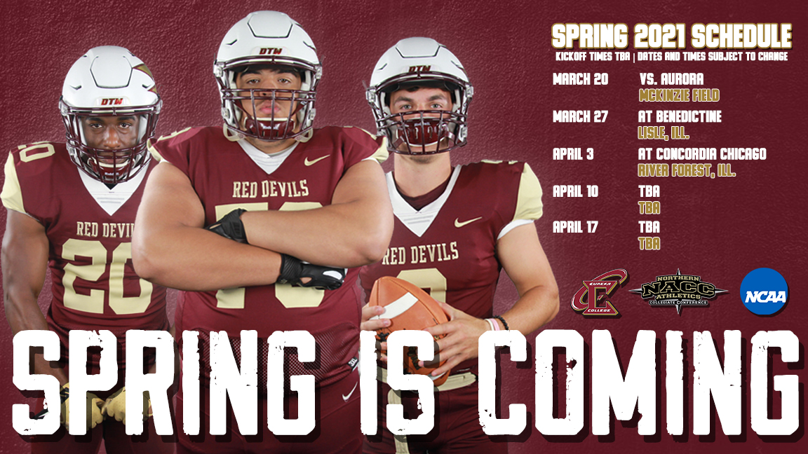 EurekaRedDevils's tweet photo. After an extended offseason, the next season of Eureka College football has finally been set. 

The Red Devils will play five games in spring 2021, starting with a home opener against Aurora on March 20 at McKinzie Field.

📰: https://t.co/88iSfwMRMH https://t.co/dpFUJZxRXd