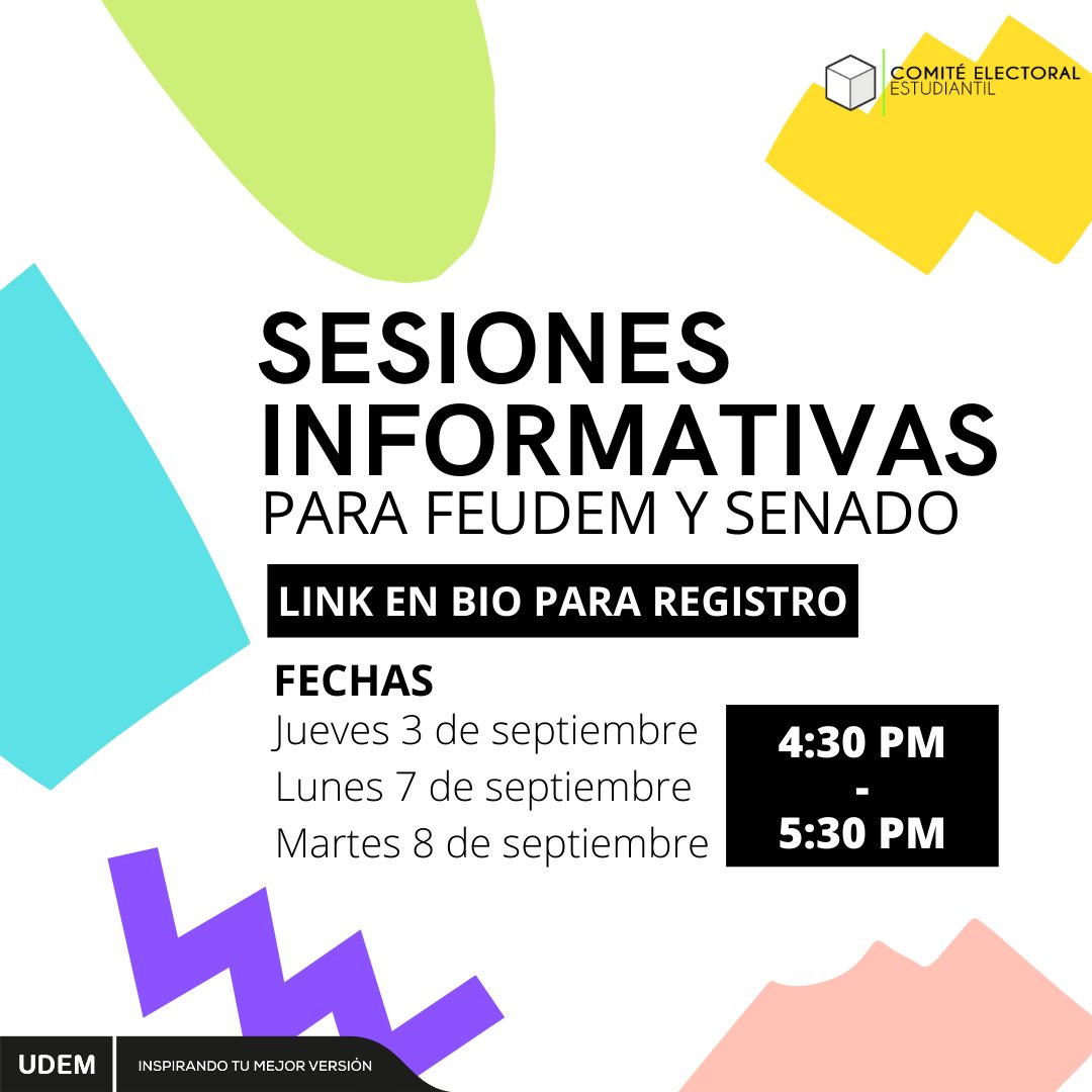 CEE_UDEM's tweet photo. Si te interesa formar una planilla para FEUDEM y Senado, te compartimos las fechas de sesiones informativas.

No te olvides de registrarte en el link de la biografía, ¡Anímate y no pierdas esta oportunidad! https://t.co/nxFZ2bOGwr