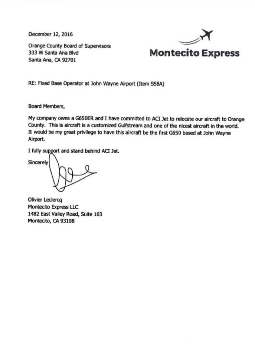 Billionaire Olivier Leclercq has been  @FlyACIJet EVP since Jan '14. He gave $2k to  @MichelleSteelCA in '17 and said he was w/ Coolibar Inc? Why did he send a letter to  @OCGovCA in '16 supporting ACI on Montecito Express letterhead? Seems deceptive.  #LieCheatSteel  #CA48