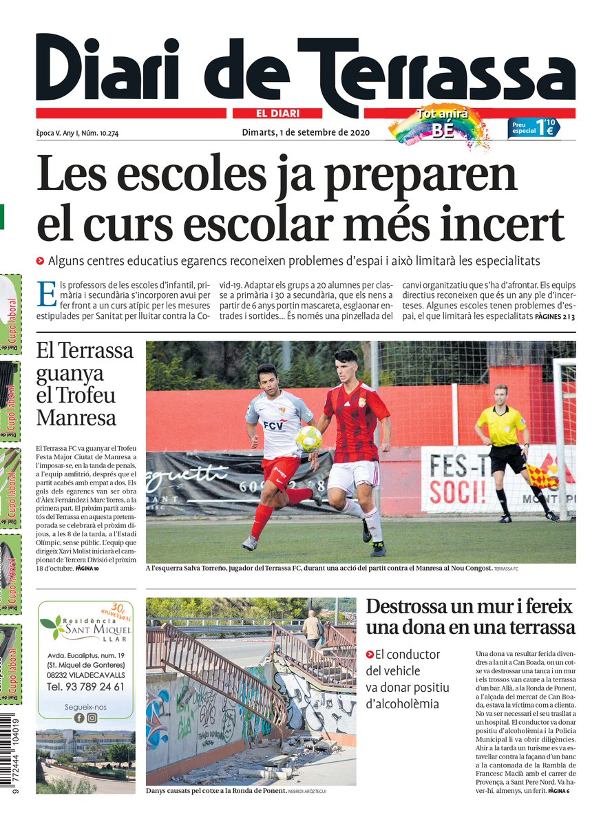DiarideTerrassa's tweet photo. PORTADA 🗞 "Les escoles ja preparen el curs escolar més incert" https://t.co/j524Ai3Bil #Terrassa https://t.co/QaDB4lGKrr