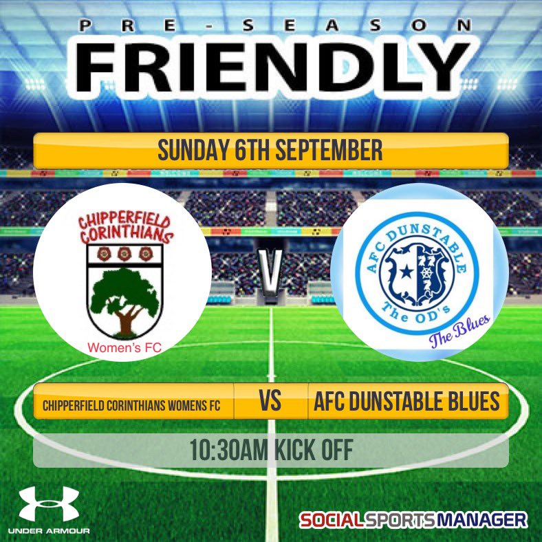 Come down and support us this Sunday as we welcome AFC Dunstable Blues. 
Please follow Covid 19 guidelines at all times. <a href="/ChipCorinthians/">Chipperfield Corinthians</a> @AFCDWomenBlues <a href="/BeddallStuart/">stuart beddall</a> @JBK189