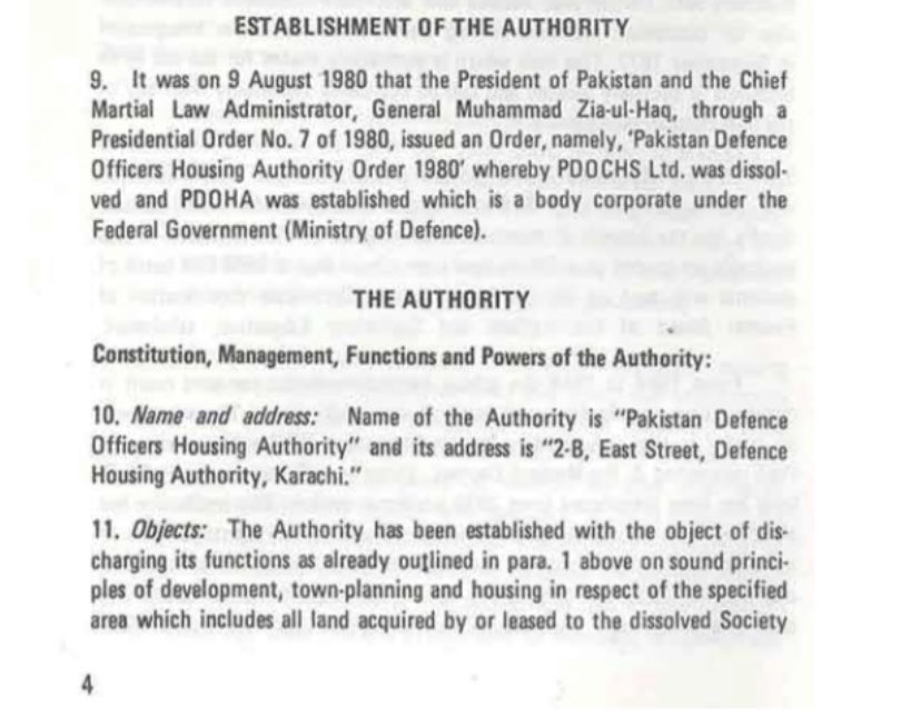 Here are screenshots of an excerpt from the Order declaring creation of DHA Karachi and Clifton Cantonment