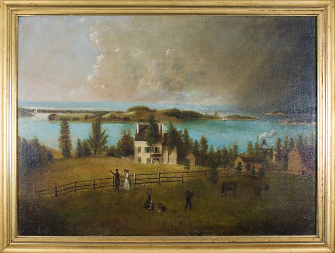 For more than a decade starting in the 1870s, Theodore Roosevelt Sr. and his family rented Tranquility, the house depicted in this painting, which was less than a mile east of the center of Oyster Bay village. Theodore Roosevelt grew to love the natural beauty of the area during