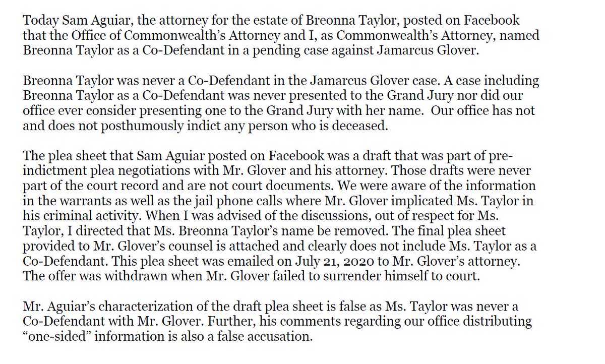 Commonwealth's Attorney Tom Wine has responded, saying the plea offer was a "draft" and when he saw it, "out of respect for Ms. Taylor," he had Breonna Taylor's name removed. Also says there was information implicating Taylor in Glover's "criminal activity."