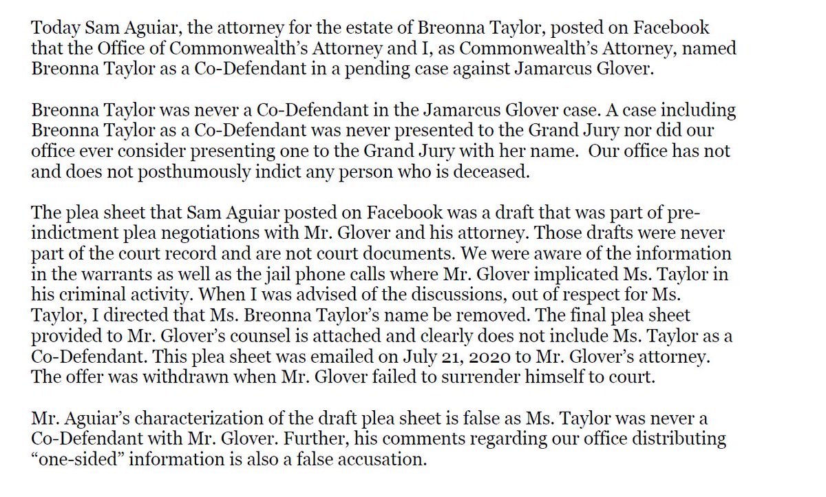 Commonwealth& #39;s Attorney Tom Wine has responded, saying the plea offer was a "draft" and when he saw it, "out of respect for Ms. Taylor," he had Breonna Taylor& #39;s name removed. Also says there was information implicating Taylor in Glover& #39;s "criminal activity."