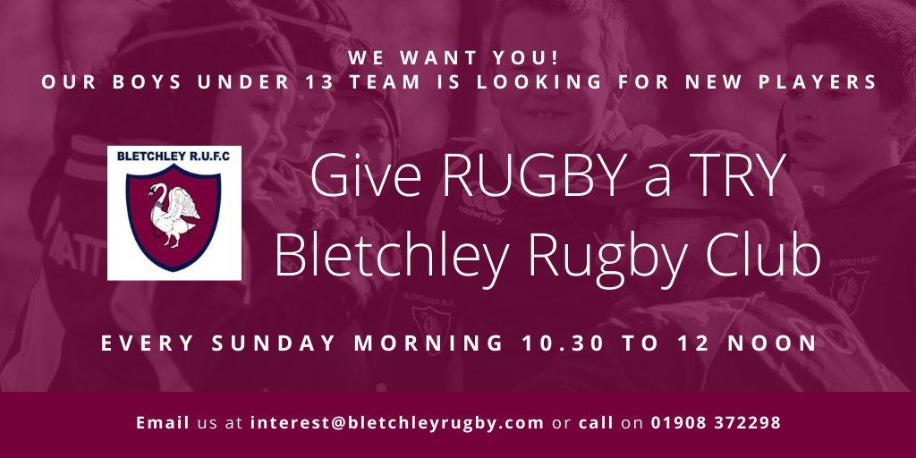 Bletchley RUFC U13s needs new players. Give rugby a try and come down this Sunday 10.30am.

Please share <a href="/mkfm/">MKFM 106.3</a> <a href="/BletchleyRUFC/">Bletchley RUFC</a> <a href="/mk_citizen/">MK Citizen</a> <a href="/Citizen_Toby/">Toby Lock</a>
