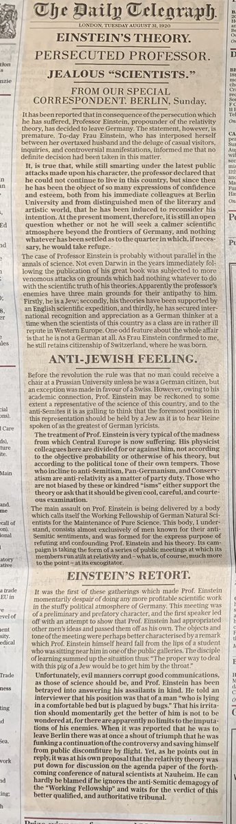 jameswoudhuysen's tweet image. Great call by the Torygraph, 1920. #Einstein #Physics #RelativityTheory #Antisemitism