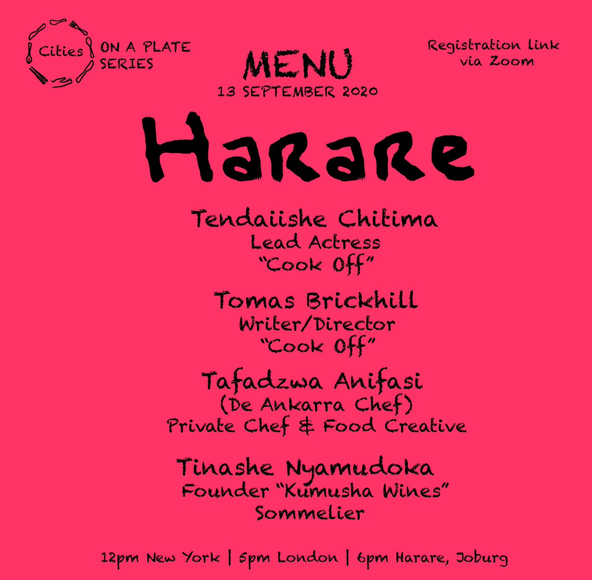 Our menu for Sept 13th is out! 💥 @Tendai_Chitima and @TomasLutuli from @CookOffZim on @netflix; @tafiqq with a delicious #dessert demo; @tnashenyamudoka founder of #KumushaWines! #harareonaplate #AfricaonNetflix #zimbabwe #recipes  #flavour #eatlocal #foodies #wine #sommelier