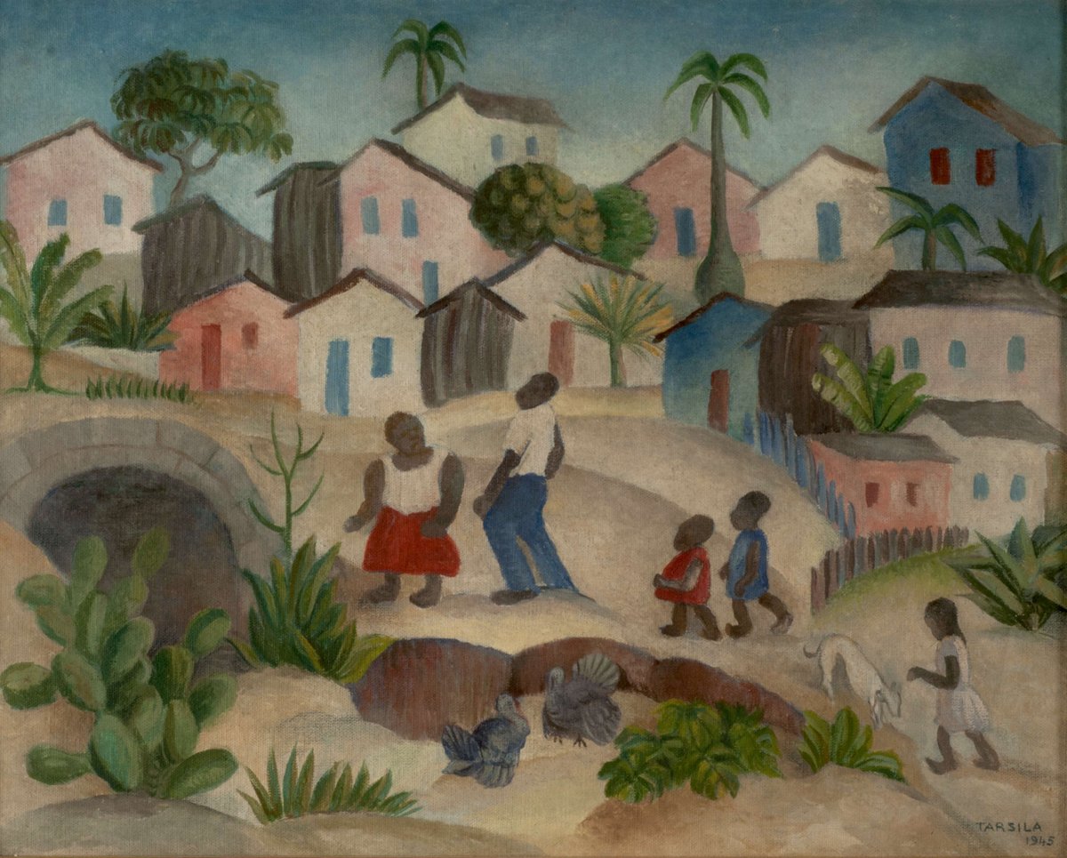 #UnDíaComoHoy de 1886, nacía en Brasil la pintora Tarsila do Amaral. En “Morro da favela II (Pueblito)”, de 1945, retoma los colores “caipiras” (azul y rosa) que fueron centrales en sus producciones de los años 20 y reflejan la decoración de los modestos caseríos populares.