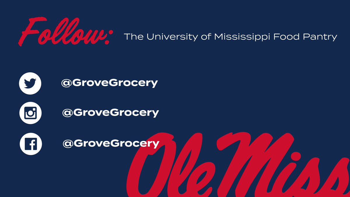 The Food Bank has a new name! Follow <a href="/GroveGrocery/">The Ole Miss Food Pantry</a> for updates and information about the University of Mississippi Food Pantry!

Twitter: rebs.us/7bG530r7nRl
Instagram: rebs.us/oKGW30r7nT5
Facebook: rebs.us/yqGB30r7nSu