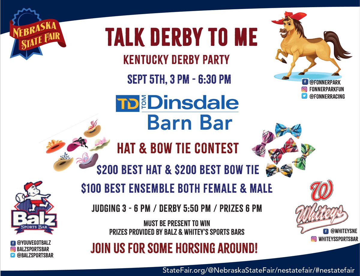 Fonner Park Racing (@fonnerracing) on Twitter photo His drapes might not match his carpet, but his bow tie sure matches his suit. Come win some cash Saturday at the fair! <a href="/NEStateFair/">Nebraska State Fair</a> <a href="/dinsdaleauto/">TD Automotive</a> <a href="/hecgrandisland/">Heartland Events Center</a> <a href="/gichamber/">Grand Island Area Chamber of Commerce</a> <a href="/BalzSportsBar/">Balz Sports Bar</a> His drapes might not match his carpet, but his bow tie sure matches his suit. Come win some cash Saturday at the fair! <a href="/NEStateFair/">Nebraska State Fair</a> <a href="/dinsdaleauto/">TD Automotive</a> <a href="/hecgrandisland/">Heartland Events Center</a> <a href="/gichamber/">Grand Island Area Chamber of Commerce</a> <a href="/BalzSportsBar/">Balz Sports Bar</a>