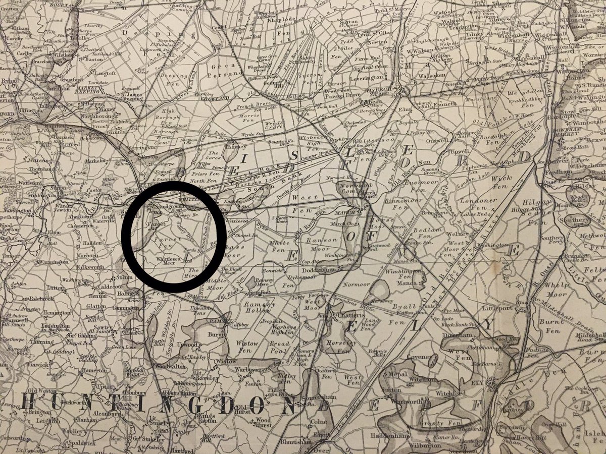 We live in the northern Huntingdonshire  #fens. Farcet Fen (circled) lies immediately north of the site of the former Whittlesea Mere - then the largest freshwater body in lowland England. Drained in the 1850s (map from Miller & Skertchley, 1878, The Fenland Past & Present)