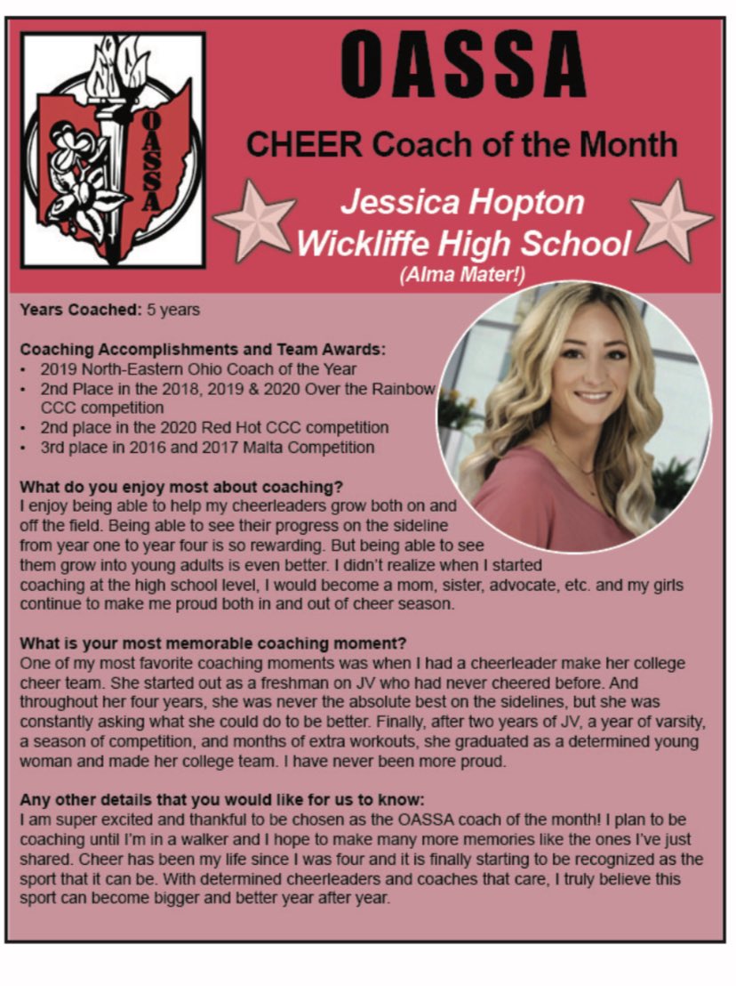 WHSDevilCheer's tweet photo. Looking at your newest Ohio coach of the month! 
Thanks to the girls that nominated me, and thanks to OASSA! https://t.co/dqzXjNpg0s