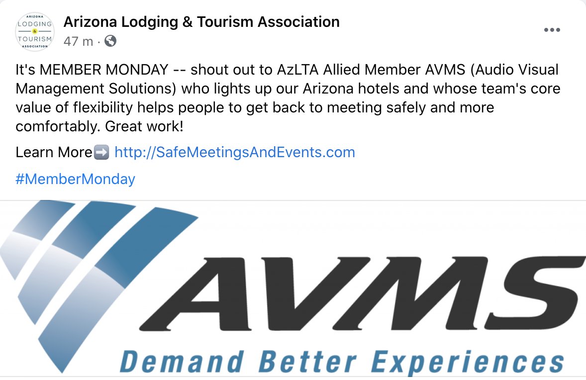 So honored to be AzLTA's Member Monday!
#avms #av #audiovisual #events #audio #visual #meetings #production #innovation #service #flexibility #leadership #partnershipmatters #SafeMeetings #SafeMeetingsAndEvents #SafeEvents #VirtualEvents #VirtualMeeting #VirtualSupport