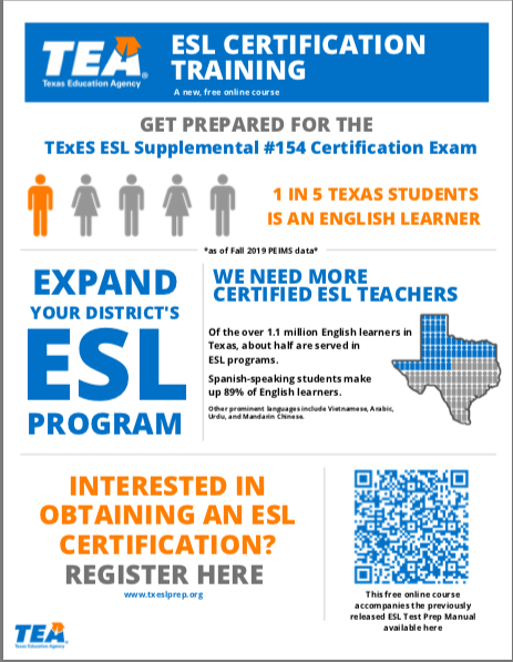 Are you preparing to take the TExES ESL Supplemental #154 Certification Exam? Register for a FREE online course provided by the TEA! 
Wondering why it is important to get ESL certified? Watch this informational video. youtube.com/watch?v=3na6Gd…
<a href="/ESCRegion11/">ESC Region 11</a> <a href="/GoTeach11/">GoTeach11</a>