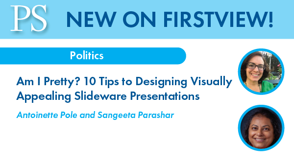 Attending an online conference? Teaching online? Giving a job talk? Read 10 tips from Antoinette Pole and  <a href="/parasharmsu/">Sangeeta Parashar</a> for creating visually appealing slideware presentations to reduce cognitive overload, promote consistency, and better engage audiences.

bit.ly/3lDjRUy