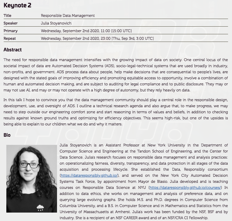 stoyanoj's tweet photo. Re-posting with better links: Join me on Sep 2 (11am or 11pm EDT) when I deliver a keynote on Responsible Data Management at VLDB. Check out the accompanying paper at https://t.co/eBNPTbKBrU
Free registration https://t.co/Zw727vvocU
#ResponsibleAI #VLDB2020 https://t.co/gcdL46aZOo