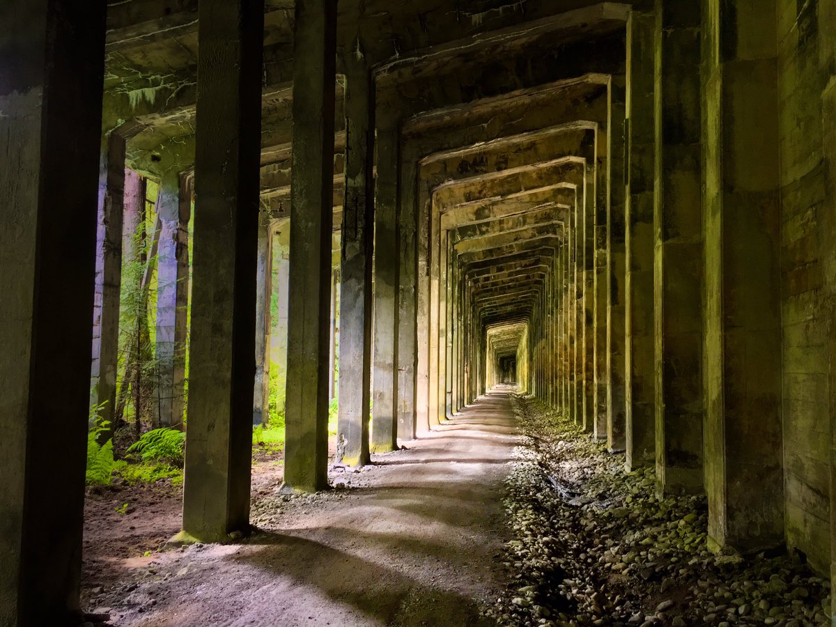 Hiking through the 100-year-old snow shed on the Iron Goat trail, WA.